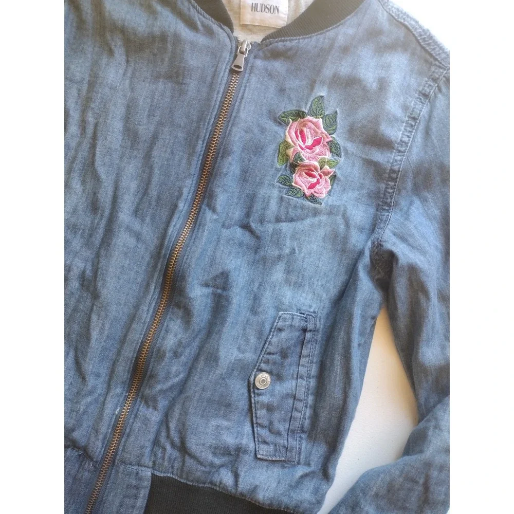 Hudson‎ Kids Girls Blue Denim Bomber Jacket Floral Rose Embroidery Size L Zip Up